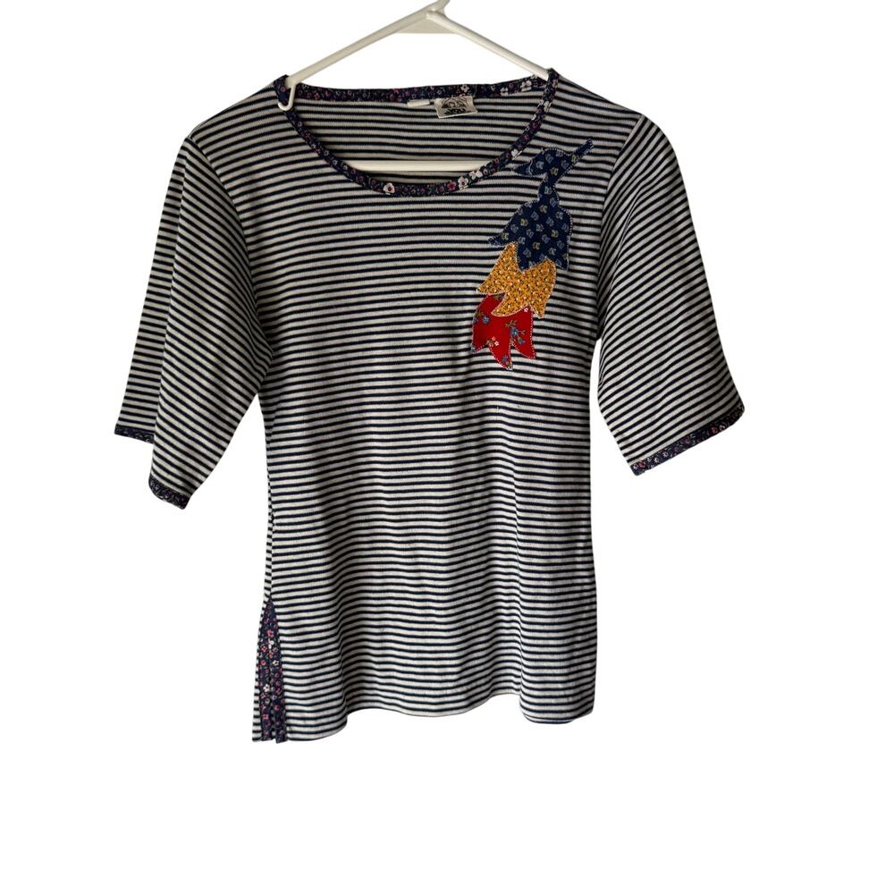 Vintage 70s You Babes Striped Cotton Tee M Floral Bow Appliqué USA Cottagecore‎